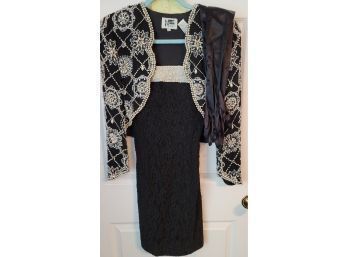 Vintage 90s Silk And Sequined Jacket With Gorgeous Lace And Beaded Cocktail Dress And Gloves!
