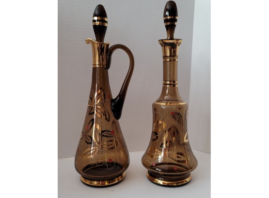 Gorgeous Pair Of Vintage MCM Smokey Glass And Gold Decanters In Great Condition