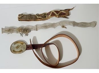 Montana Silversmiths Western Buckle And Leather Belt, Unique Tribal (Mayan?), And Metal Belts
