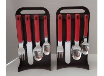 Your MCM Kitchen Needs These! Vintage Retro Northland Stainless Red Handled Flatware With Caddies