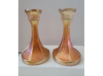 I GOT A CASE OF THE VAPORS! Vintage 30s-40s Jeanette Carnival Glass Tree Bark Design Candle Stick Holders