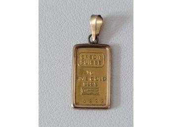 Vintage Solid 1gram  24kt Gold Credit Suisse Ingot Charm Surrounded By 14kt Gold Border