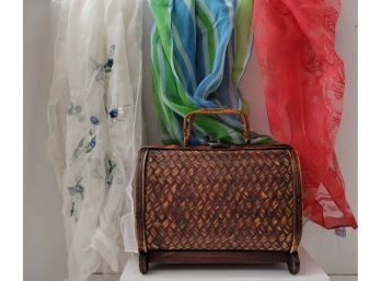 Vintage Rattan And Wood Handbag And Scarf Lot