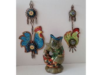 Very Cool Vintage Folk Art Lot Incl Handmade Copper And Enamel Roosters