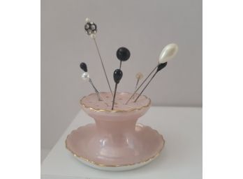 Where Are My Vintage Hat Pin Collectors! Adorable Pink & Gold Porcelain Holder With Several Hat Pins