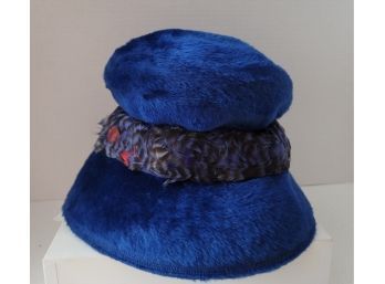 LOOK AT THIS VINTAGE MR JOSEPHS NY BRIGADOON BLUE FAUX FUR AND FEATHER CLOCHE HAT! EXCELLENT CONDITION!