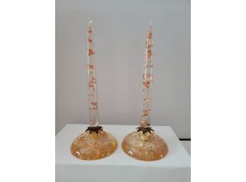 I'M DYING! VINTAGE MCM LUCITE FLECKED COPPER CANDLES WITH MATCHING HOLDERS!!
