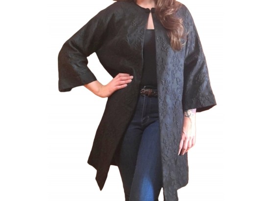 1960s Brocade Black Overcoat 3/4 Length Sleeves