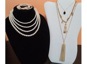 Vintage Pearls And Goldtone Necklaces, Bracelet With Sterling