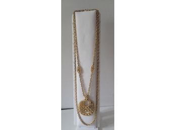 Statement Piece! Vintage 50s-60s Crown Trifari Double Strand Gold Tone Pendant Necklace Excellent Condition