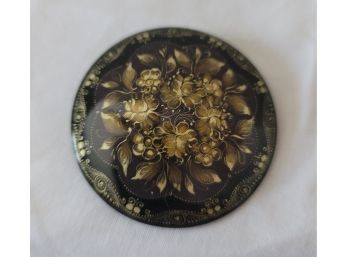 Beautiful Vintage Russian Hand Painted Black Lacquer Signed Brooch Excellent Condition