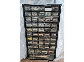 Vintage Metal Workshop Small Parts Storage Organizer Filled With Wrenches, Bolts Etc