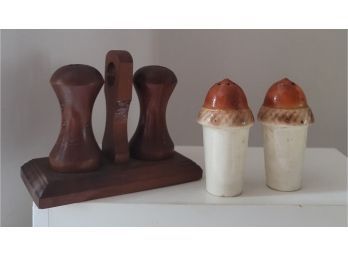 Vintage Ceramic Acorn And Wood Salt And Pepper Shakers