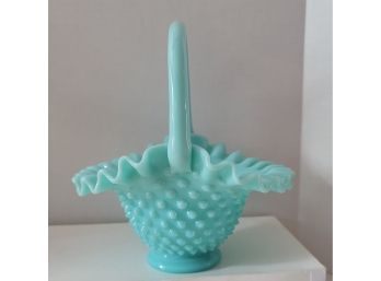 Gorgeous Vintage Cyan-turquoise Colored Fenton Hob Nail Milk Glass Basket Candy Dish Excellent Condition