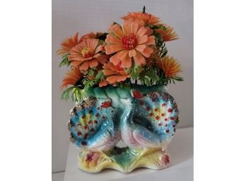 Love This! Vintage MCM Lusterware Peacock Vase With Original Plastic Flowers! Great Condition