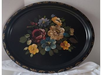 Beautiful MCM Hand Painted Toleware Metal Serving Platter In Amazing Condition