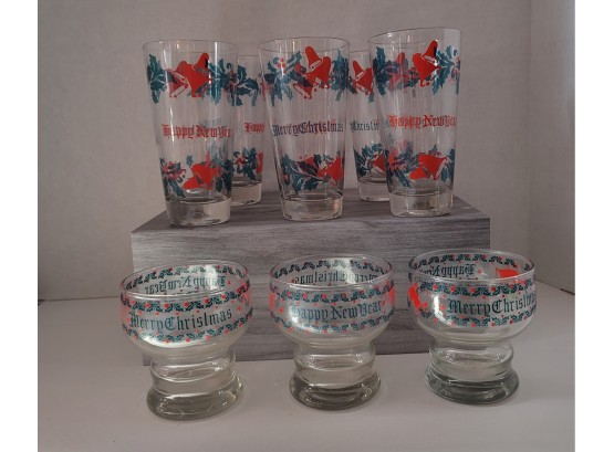 Just In Time For Christmas! Vintage MCM Retro Merry Christmas Happy New Year Tumblers & Cocktail Glasses