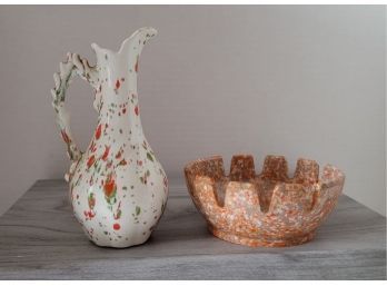 Feelin Groovy! Vintage 70s Ceramic Orange Splatter Vase And Matching Speckled Plastic Ashtray