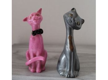 Say This 3x Fast! Vintage Kitschy Kitties! Adorable MCM Pewter And Bone China That Pink One!