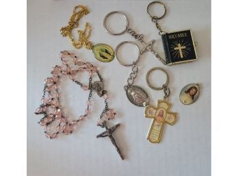 Vintage Religious Lot Including Crystal Rosary From Italy