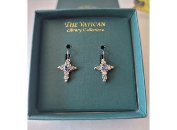 NWOT The Vatican Library Collection Crystal Silver Tone Lever Back Cross Earrings