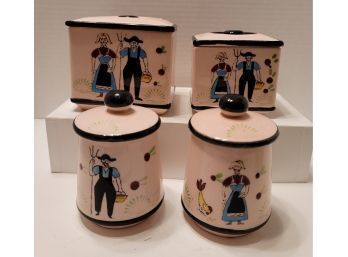 Vintage MCM Royal Sealy Hand Painted Pink Amish Penn Dutch Ceramic Kitchen/canister Set