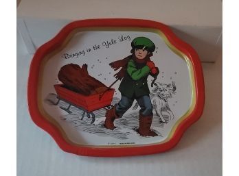 Vintage MCM Small Metal Christmas Tip Tray Bringing In The Yule Log Great Condition