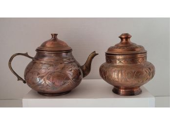 Vintage Turkish Copper And Brass Hand Crafted Teapot And Sugar Bowl
