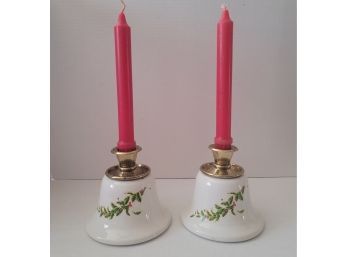 Lovely Vintage MCM Teleflora Ceramic And Brass Christmas Candlestick Holders With Vintage Candles