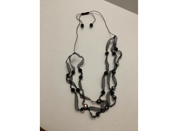 Triple Strand Black Aroura Borealis Bead & Sheer Fabric Necklace