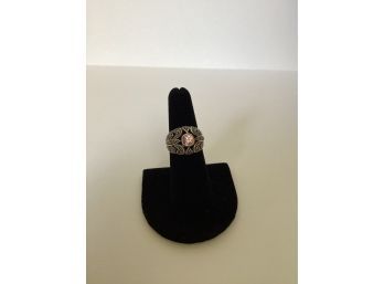Silver Marcasite & Pink Stone Ring Marked 925