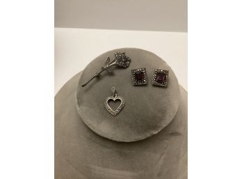 925 Silver & Marcasite Brooch, Pendant & Clip Earrings