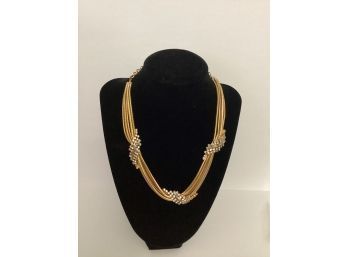 Stunning Gold Tone Multistrand Necklace With Rhinestone Accents