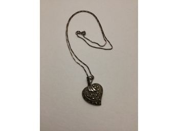 925 Silver & Marcasite Heart Pendant On Signed FAS Chain