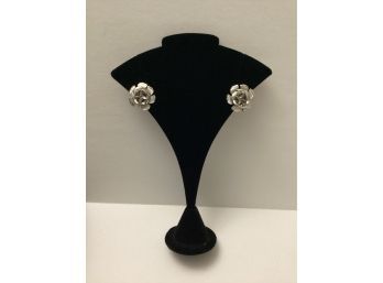 Sharp Silver Tone Layered Flower Clip Earrings