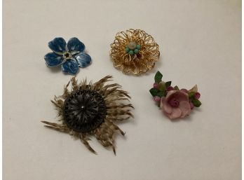Hand Crafted Brooches Incl. Silver? & Feather, Enamel