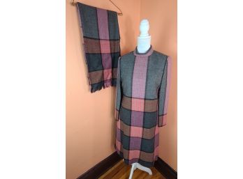 1960s Wool Shift Dress With Side Pleats And Matching Scarf