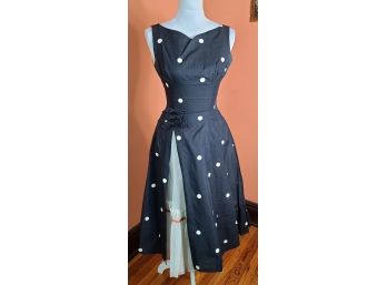 1950s Homemade Polka Dot Swing Dress W Custom Crinoline Revealed At Side Slit