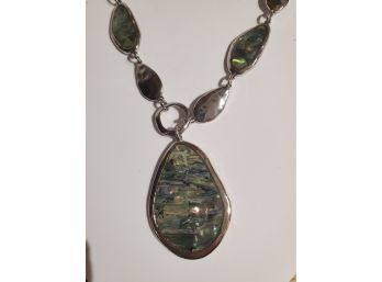 Vintage Silver Tone Abalone Necklace And Earrings
