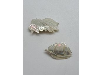 Mother Of Pearl Carved Vintage Fish & Ship Pins Brooches