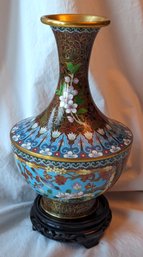 Cloisonne Vase With Wood Stand,  Bird Motif