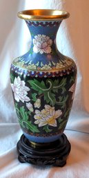 Cloisonne'  Vase With Wood Stand,   Floral  9 Inch