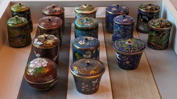 15 Vintage Cloisonn And Brass Jars With Lids