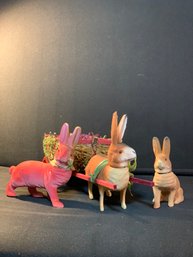Set Of 3 Antique German Easter Bunnies With Cart