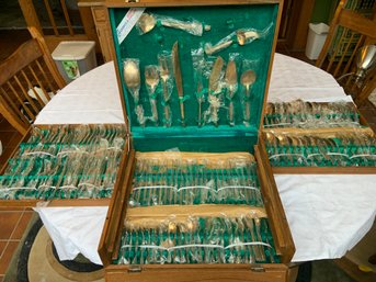1960's Gold Tone Thai Flatware Set In Wooden Case. Most Individual Pieces Still In Original Wrapping