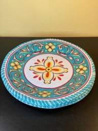 Bright  Teal Set Of 3 Decorative Floral Plates In Melamine &  Red On White Polkadot  Plater