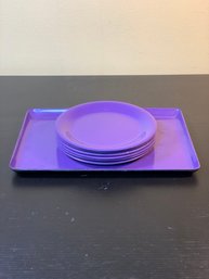 6 Decorative Purple Melamine Plates With A Matching Serving Tray