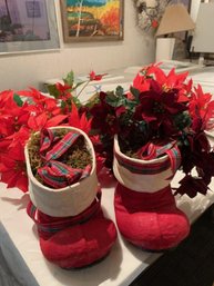 Silk Poinsettias, Silk Poinsettia Garland Two Santa Boots For Floral Arrangement