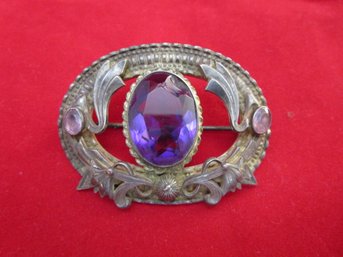 Vintage Silver Brooch/Pin With Large Purple Stone.