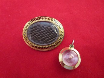 Antique Oddities: Mustard Seed 10K Charm Pendant & 14K Victorian Basketweave Hair In Pin/Brooch.